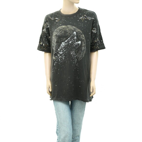 Free People We The Free Howlin' Tee Tunic Top Graphic Printed Studded XL 283874 - Picture 6 of 9